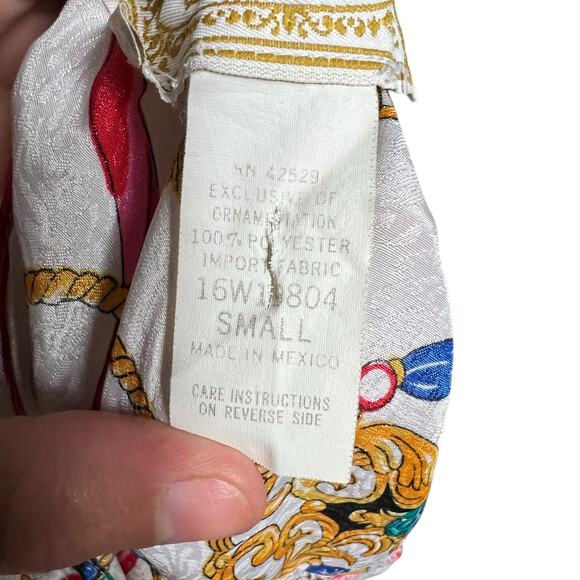 Vintage Bonjour White Mini Dress Gold Chain Scarf Jewelry Print Y2K Baroque XS/S - Picture 7 of 9